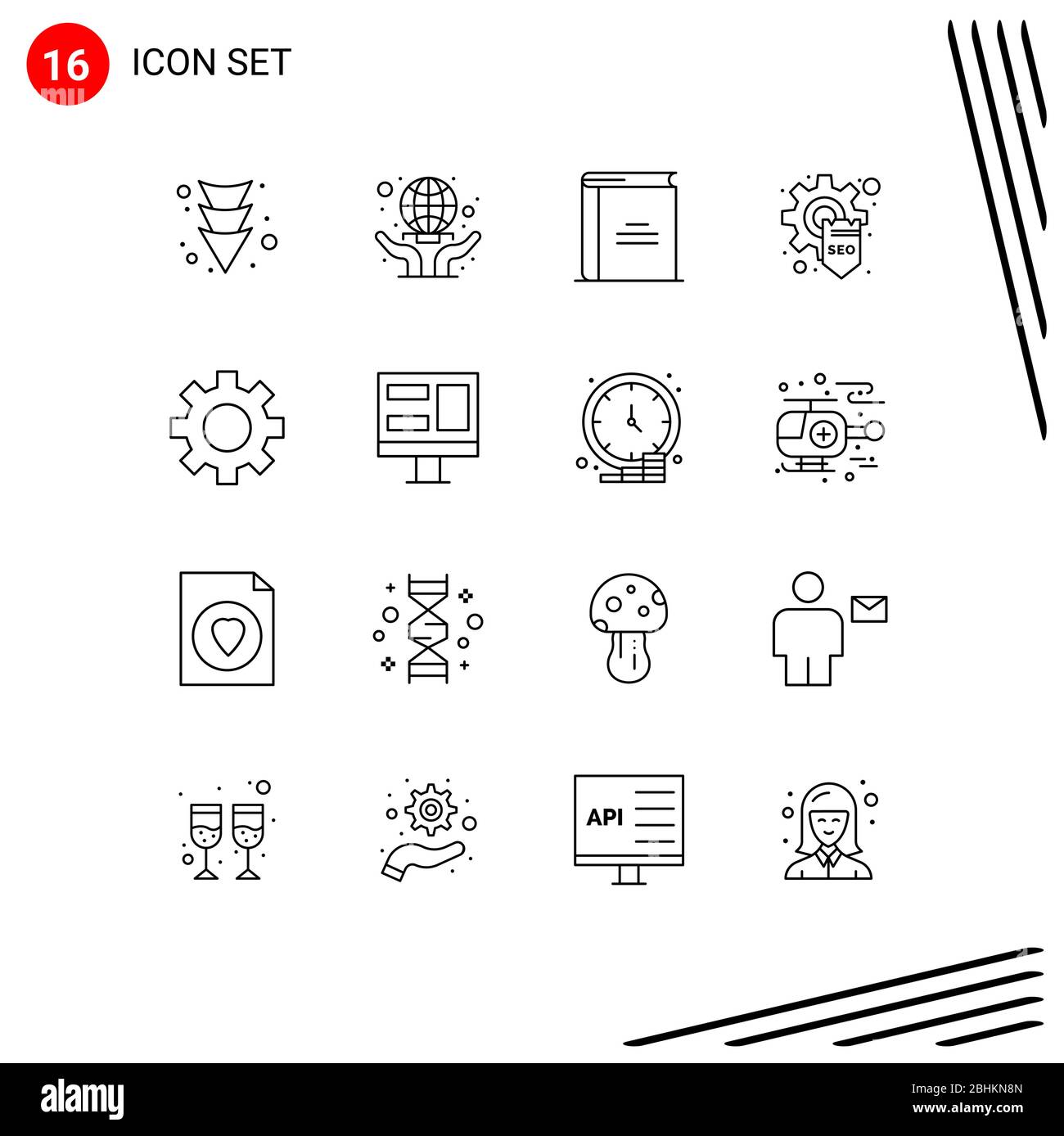 Pack of 16 creative Outlines of settings, gear, education, seo, development Editable Vector Design Elements Stock Vector