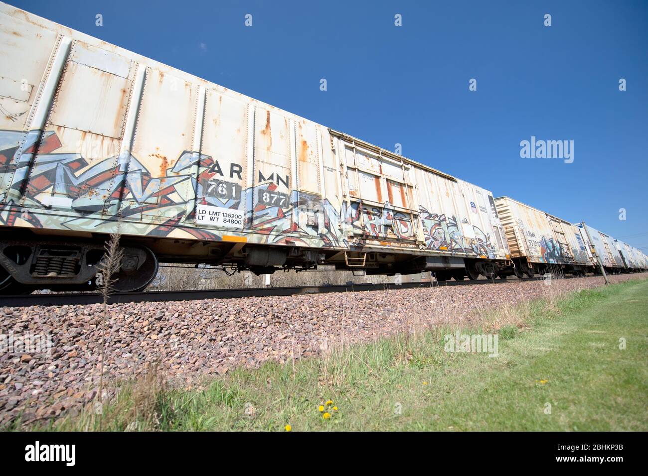Geneva, Illinois, USA. A mixed freight train on its westward journey