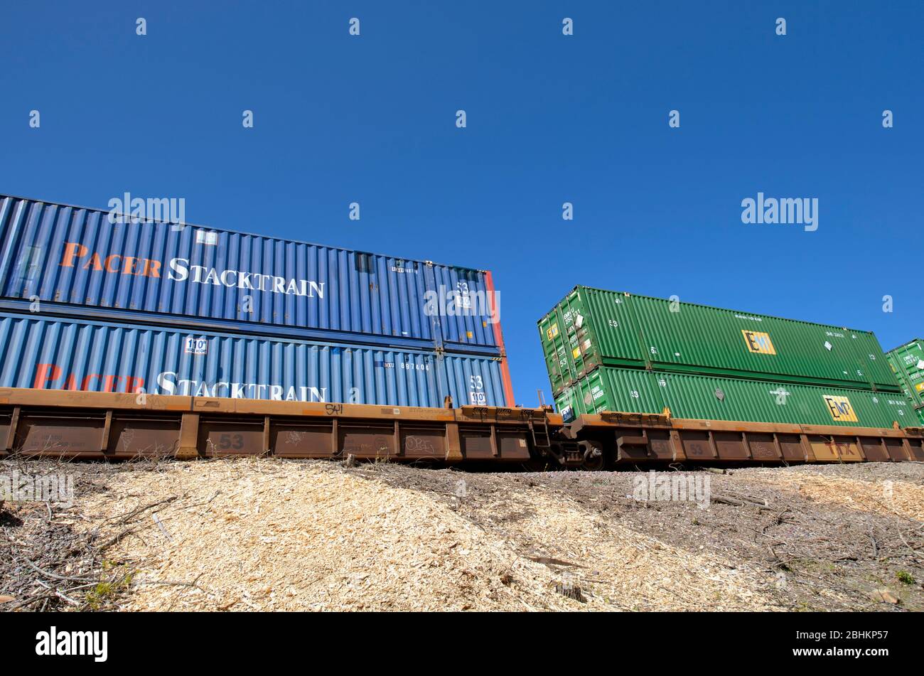 Geneva, Illinois, USA. A stack or container freight train on its westward journey from Chicago. Stock Photo