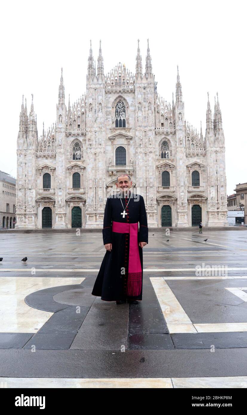 Milan, Italy. 20th Apr, 2020. Archbishop of Milan Mario Delpini speaks during a conference in a radio station ask citizens to resist during the coronavirus pandemic at Duomo Plaza in Milan Italy (Photo by Eyepix Group/Pacific Press/Sipa USA) Credit: Sipa USA/Alamy Live News Stock Photo
