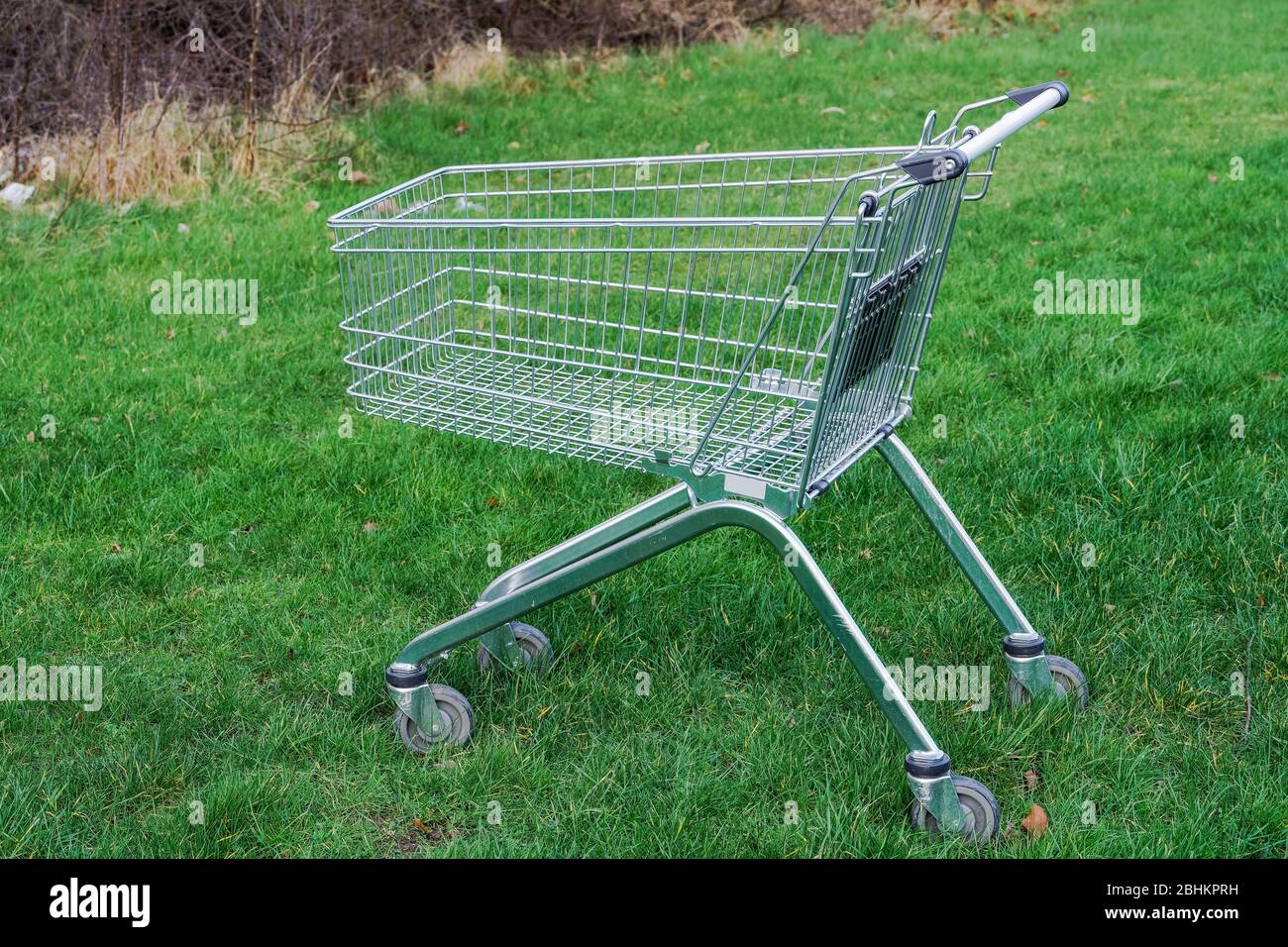 Super Market empty food cart with wheels on green grass. Silver food shop  trailer without content left on a greenery urban environment Stock Photo -  Alamy
