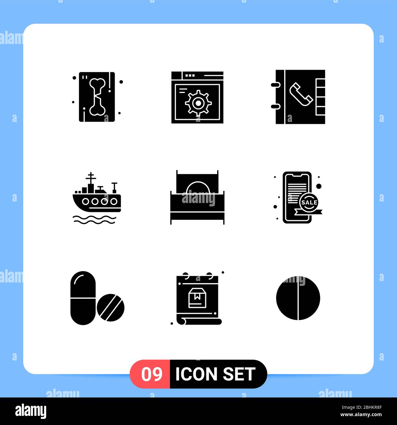 Modern Set of 9 Solid Glyphs and symbols such as interior, furnishings, contacts, double, transport Editable Vector Design Elements Stock Vector
