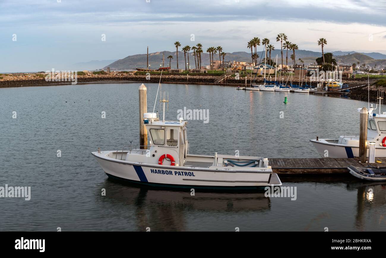 Law enforcement Harbor Patrol boat docked in the marina and ready for duty. Stock Photo