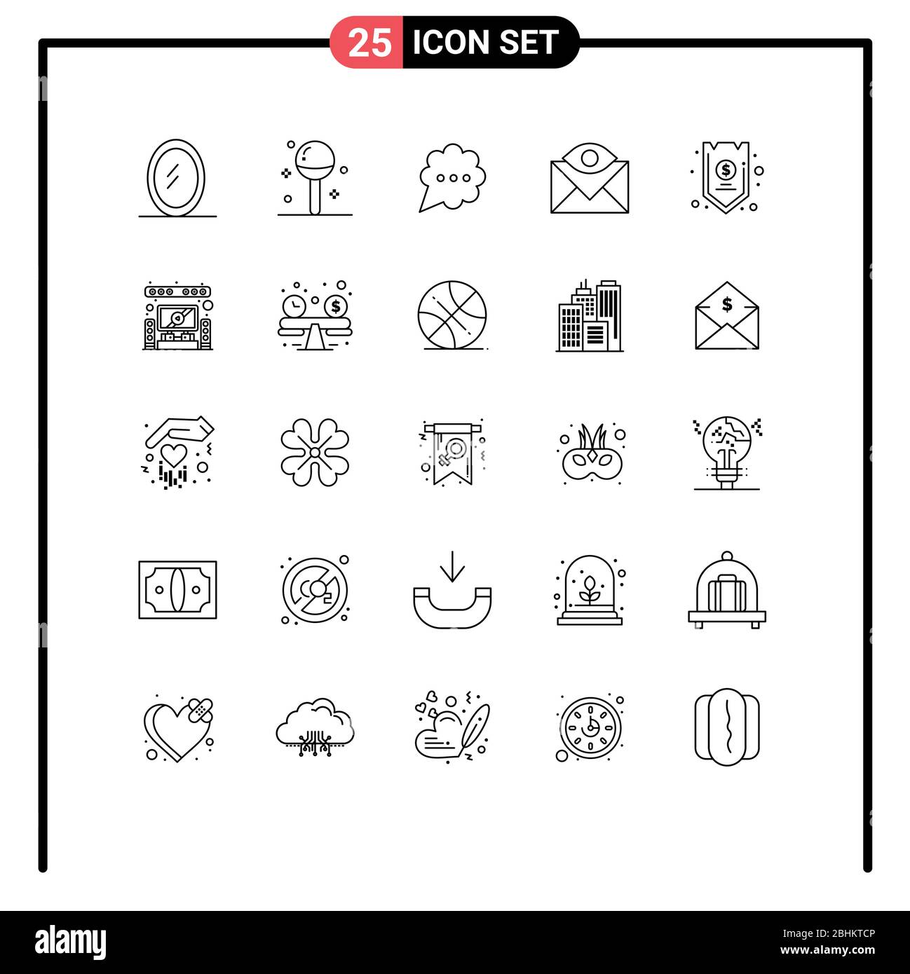 Pack of 25 Modern Lines Signs and Symbols for Web Print Media such as credit, safe, chat, inbox, contact us Editable Vector Design Elements Stock Vector