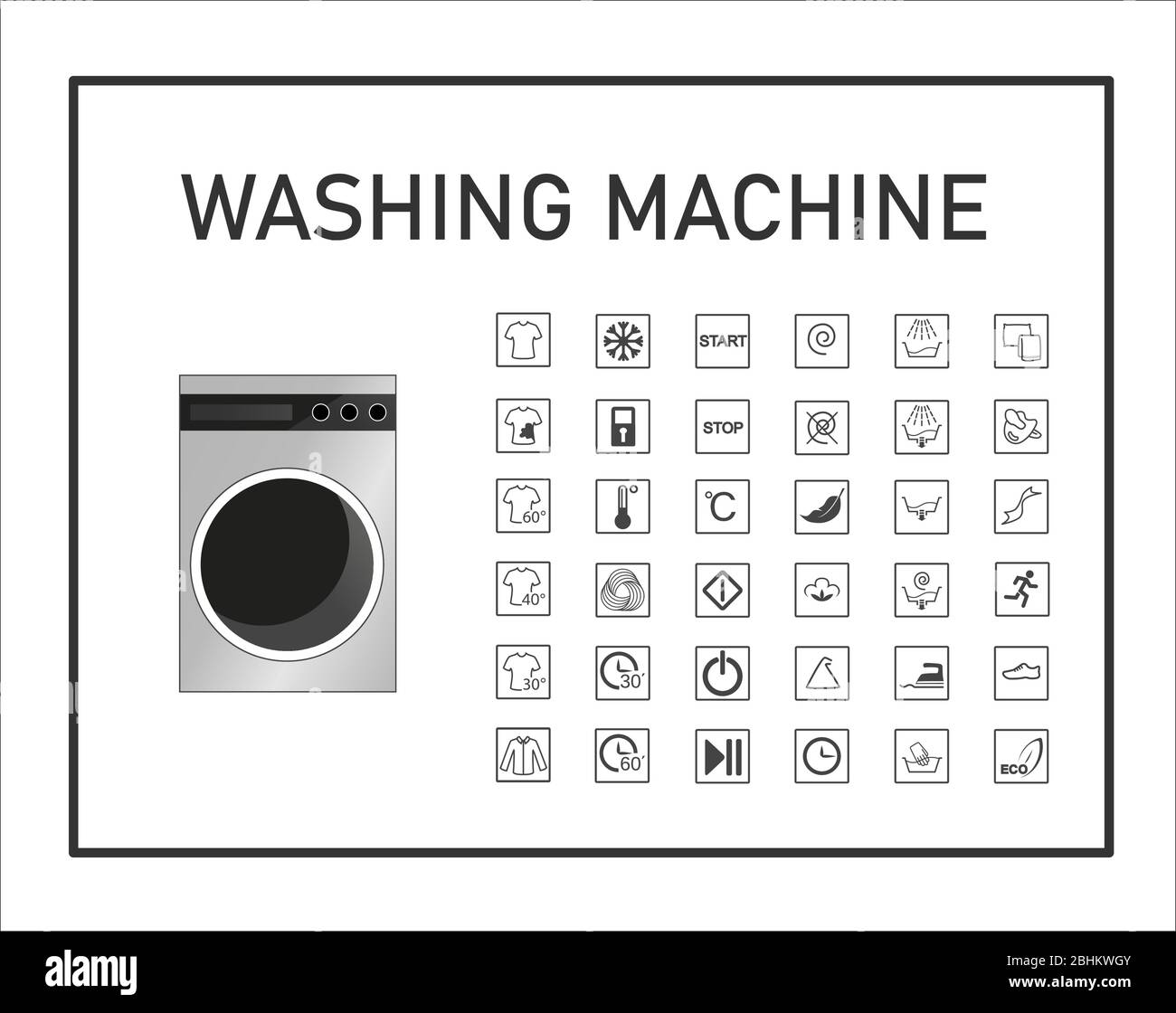Washing machine manual icon set. Signs and symbols for washing machine exploitation manual. Instructions and function description. Vector isolated Stock Vector