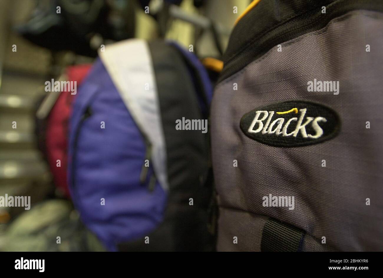 The backpacks section in a Blacks Leisure store. Stock Photo
