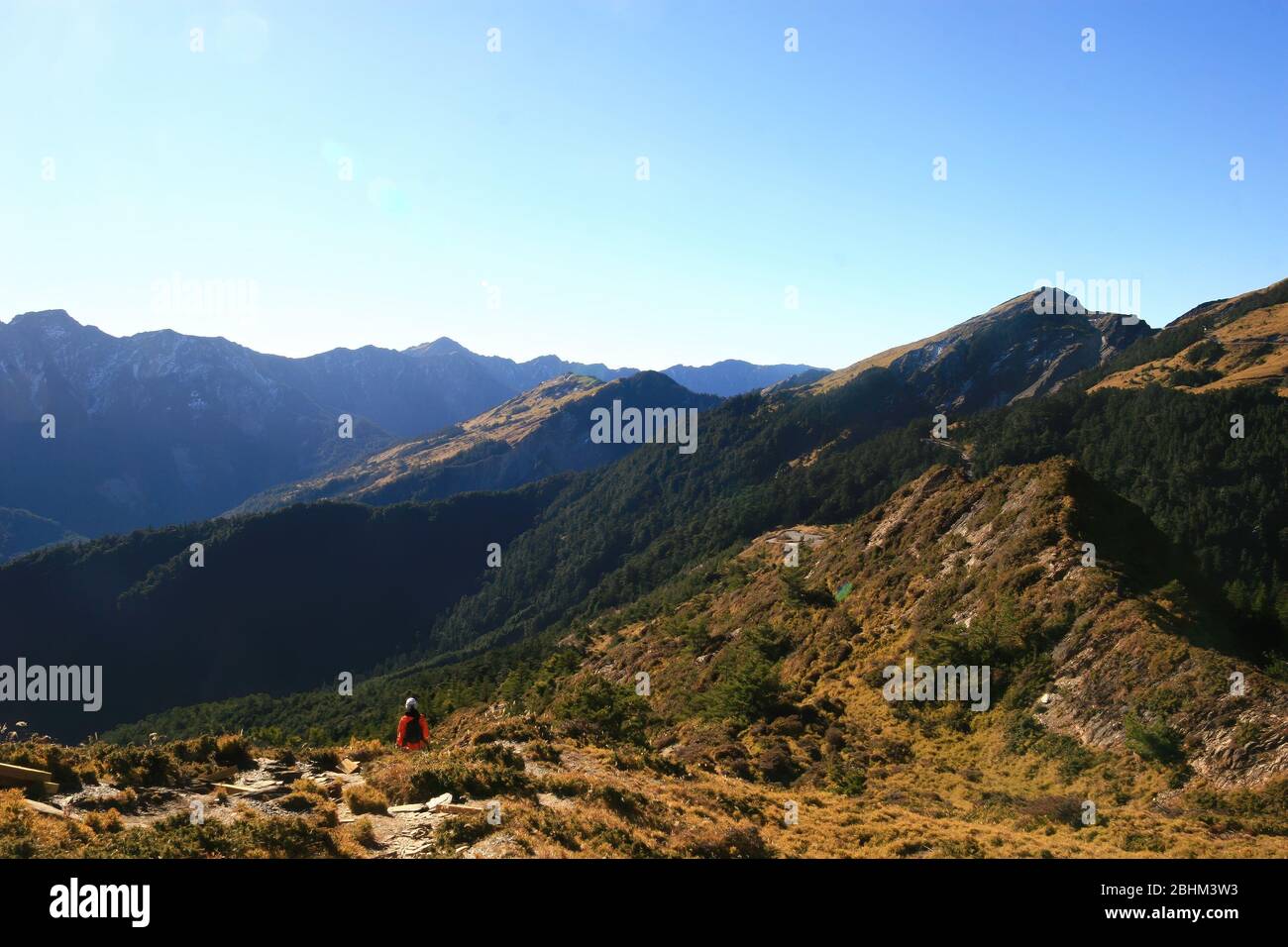 Sunny view of the Hehuan North Peak Trail at Nantou, Taiwan Stock Photo