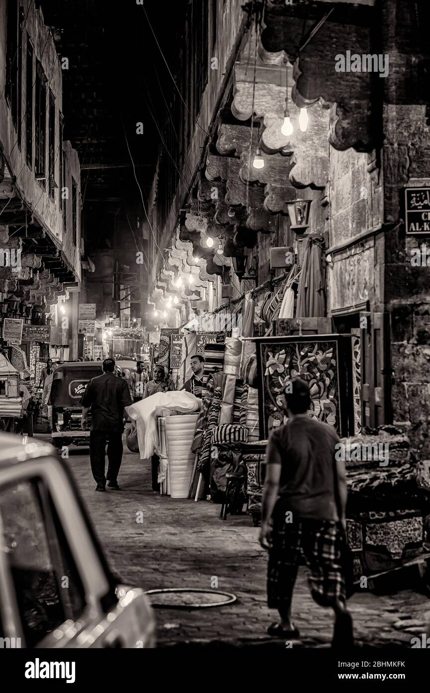Tentmakers Bazaar in Khan El Khalili market at night in black and white Stock Photo