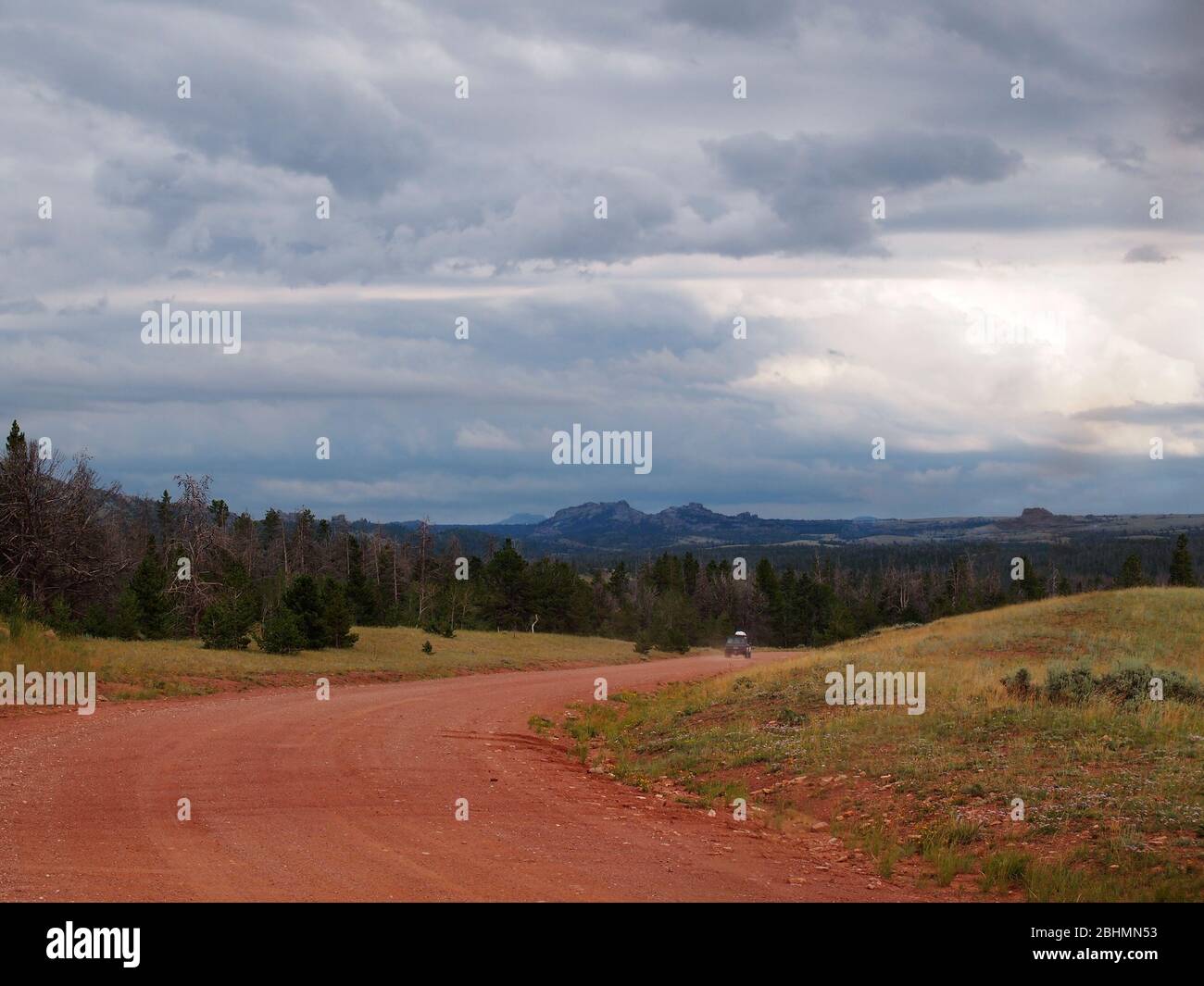 A sport utililty vehicle with a rooftop cargo carrier drives down a curvy dirt road into a rural Wyoming woodland landscape with buttes in the far dis Stock Photo