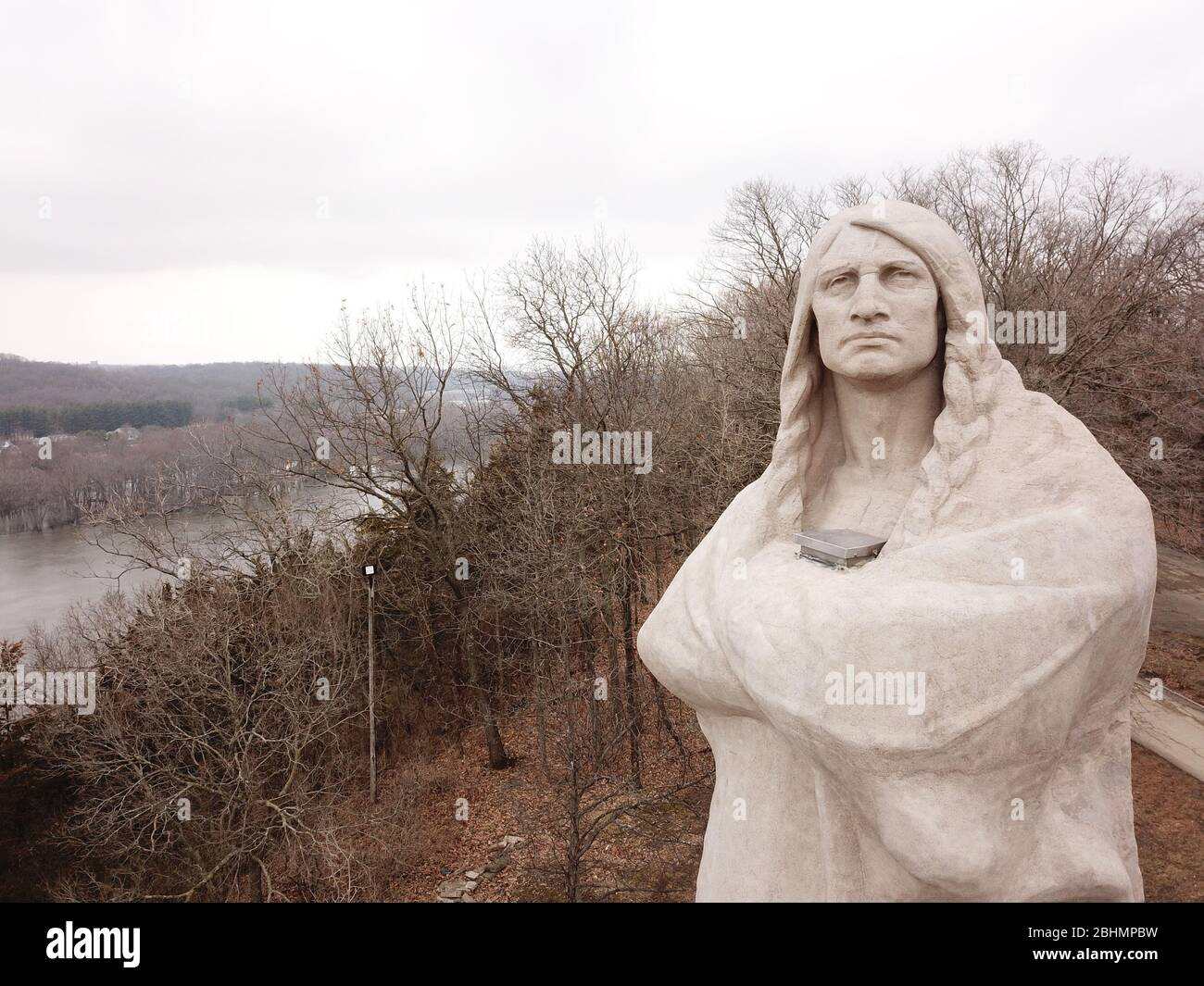 Aerial closeup of the Black Hawk statue at Lorado Taft, Lowden State Park, overlooking the Rock River on the Northern Illinois University, NIU, campus Stock Photo