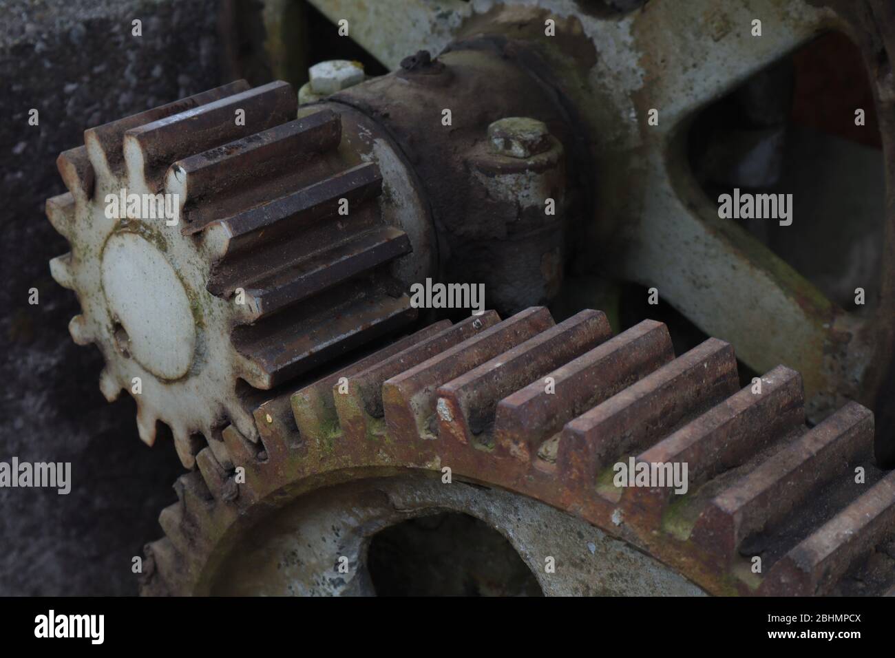 Metal teeth or cogs of gears fit together in an old gearbox Stock Photo