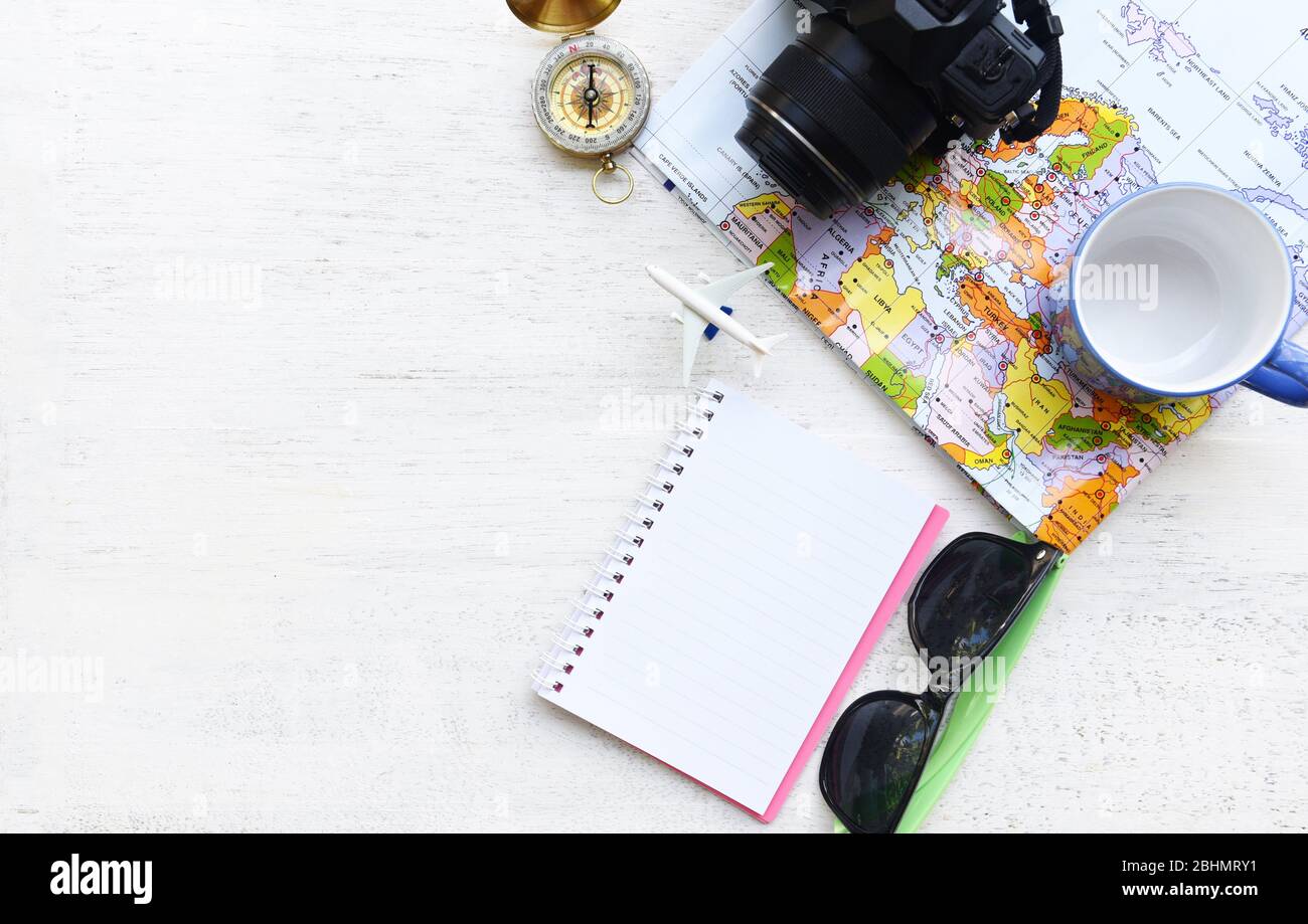 Travel Background Concept Planning Essential Vacation Trip Items Summer Travel Accessories With Camera Sunglasses Compass Map Notebook Coffee Mug An Stock Photo Alamy
