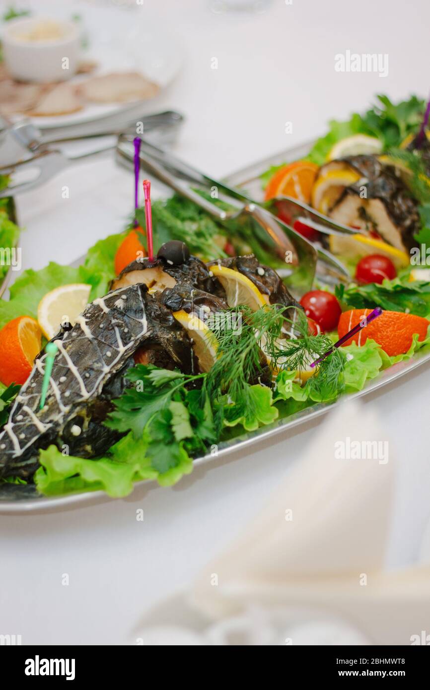 Big fish on table during catering event. Catering buffet Stock Photo ...