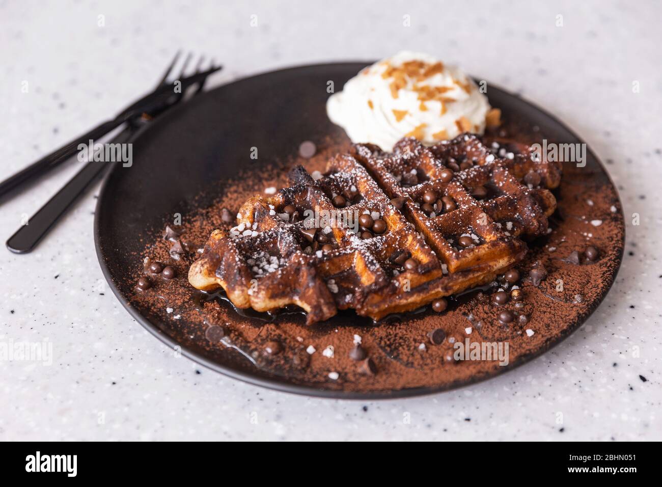Yummy homemade Belgian waffle topping with dark chocolate syrup, cocoa powder and chocolate chips, served with whipped cream in brown color plate. Stock Photo