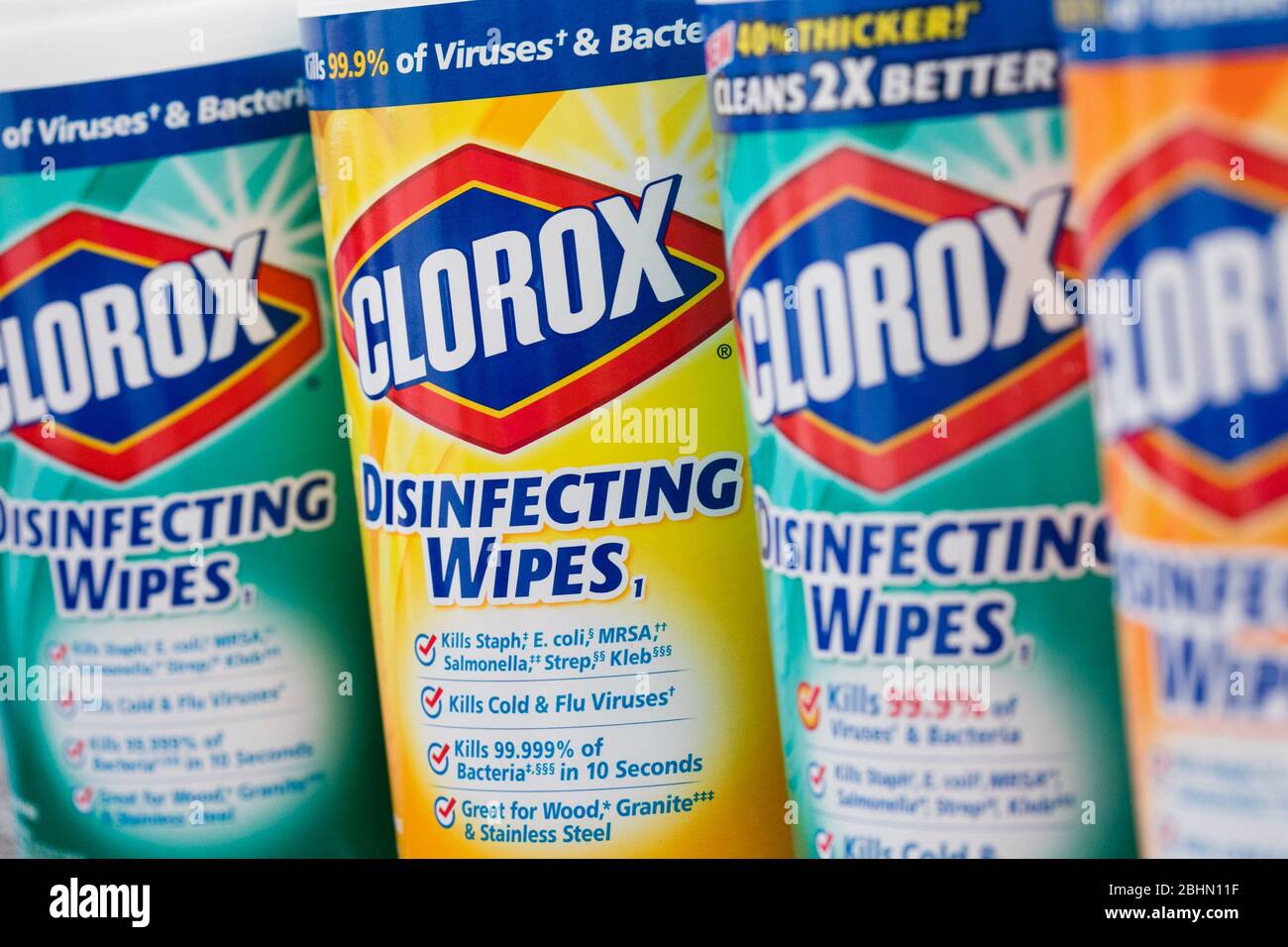 A grouping of Clorox disinfectant products arranged for a photograph. Stock Photo