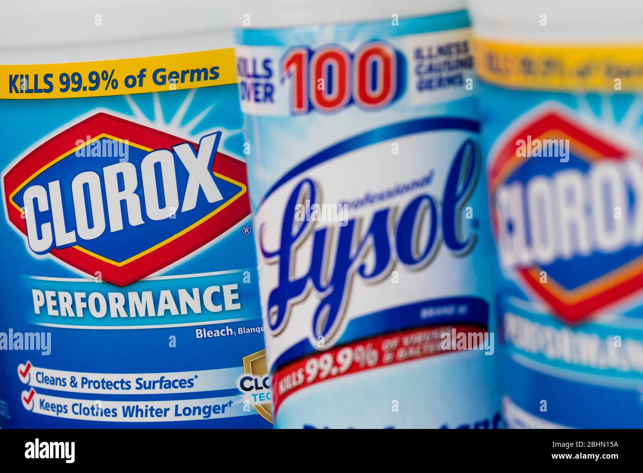 A grouping of Clorox and Lysol disinfectant products arranged for a ...