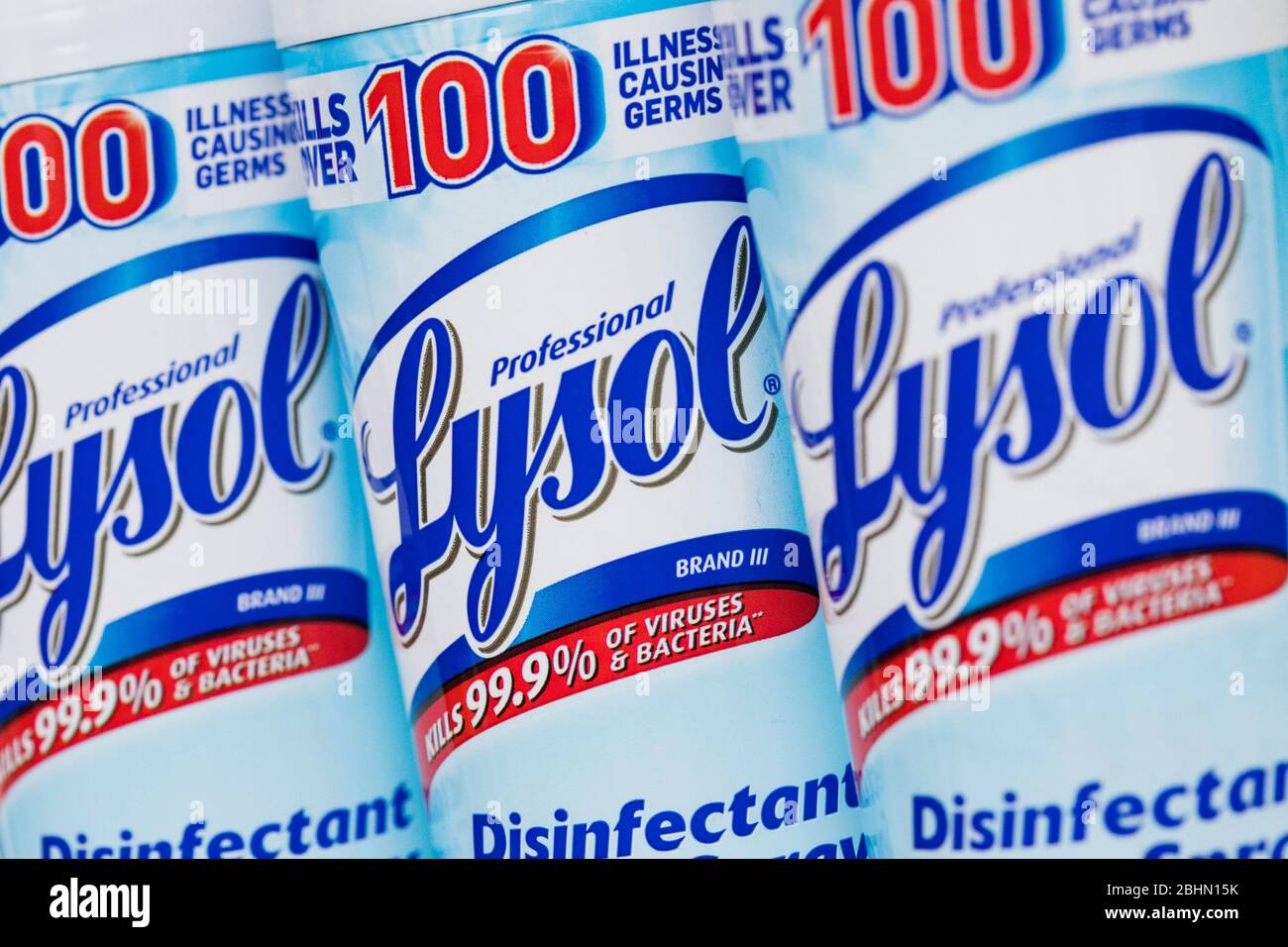 A grouping of Lysol disinfectant products arranged for a photograph. Stock Photo