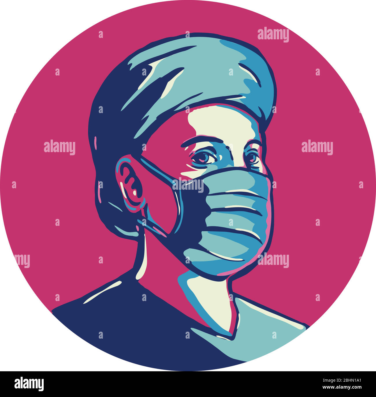 Retro WPA illustration of a nurse or front-line worker wearing surgical mask and cap set in circle  done in works project administration or federal ar Stock Vector