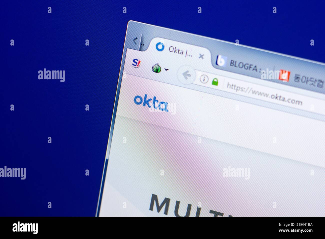 Ryazan, Russia - May 08, 2018: Okta website on the display of PC, url ...