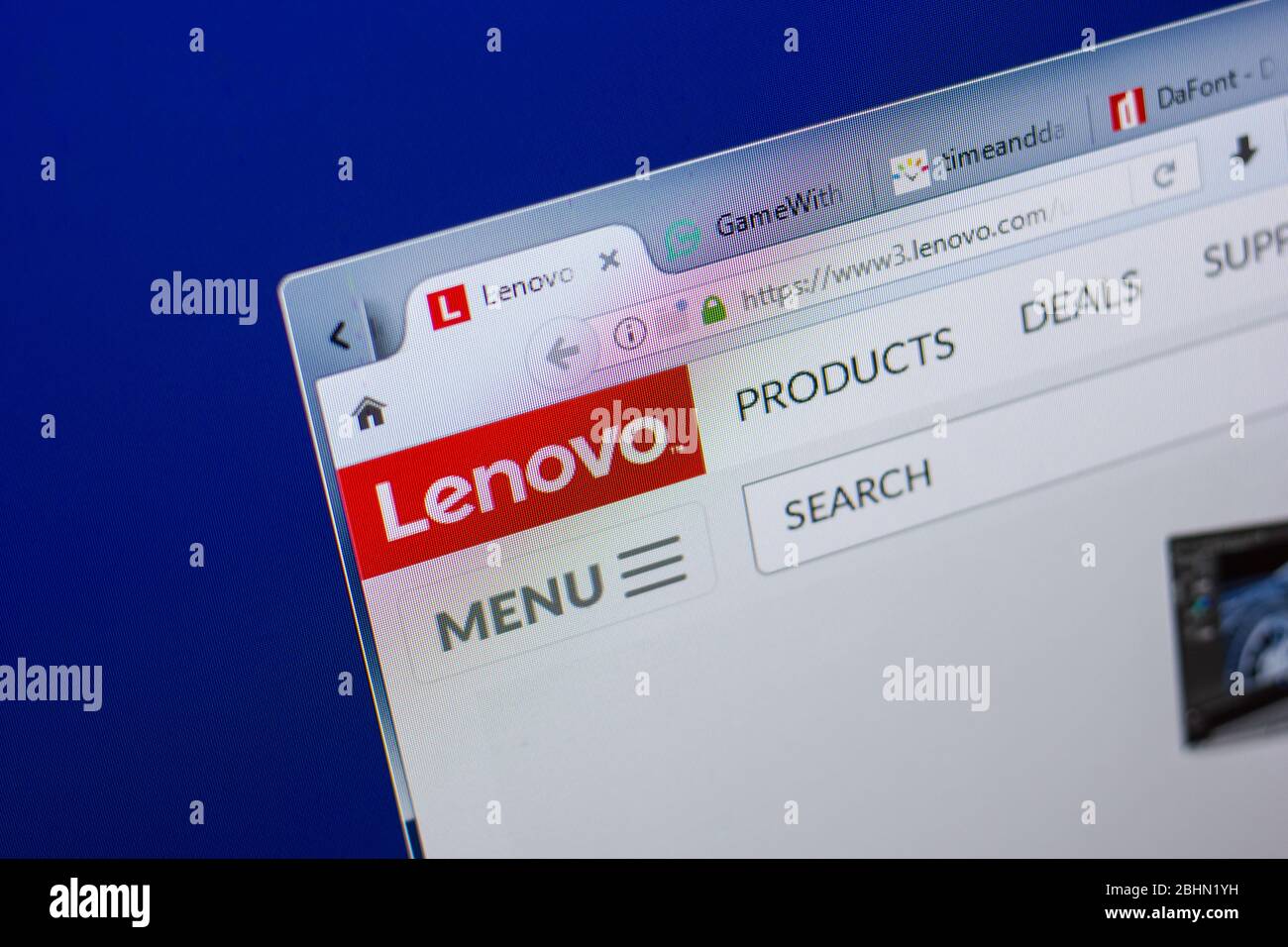 Ryazan, Russia - May 13, 2018: Lenovo website on the display of PC, url - Lenovo.com Stock Photo