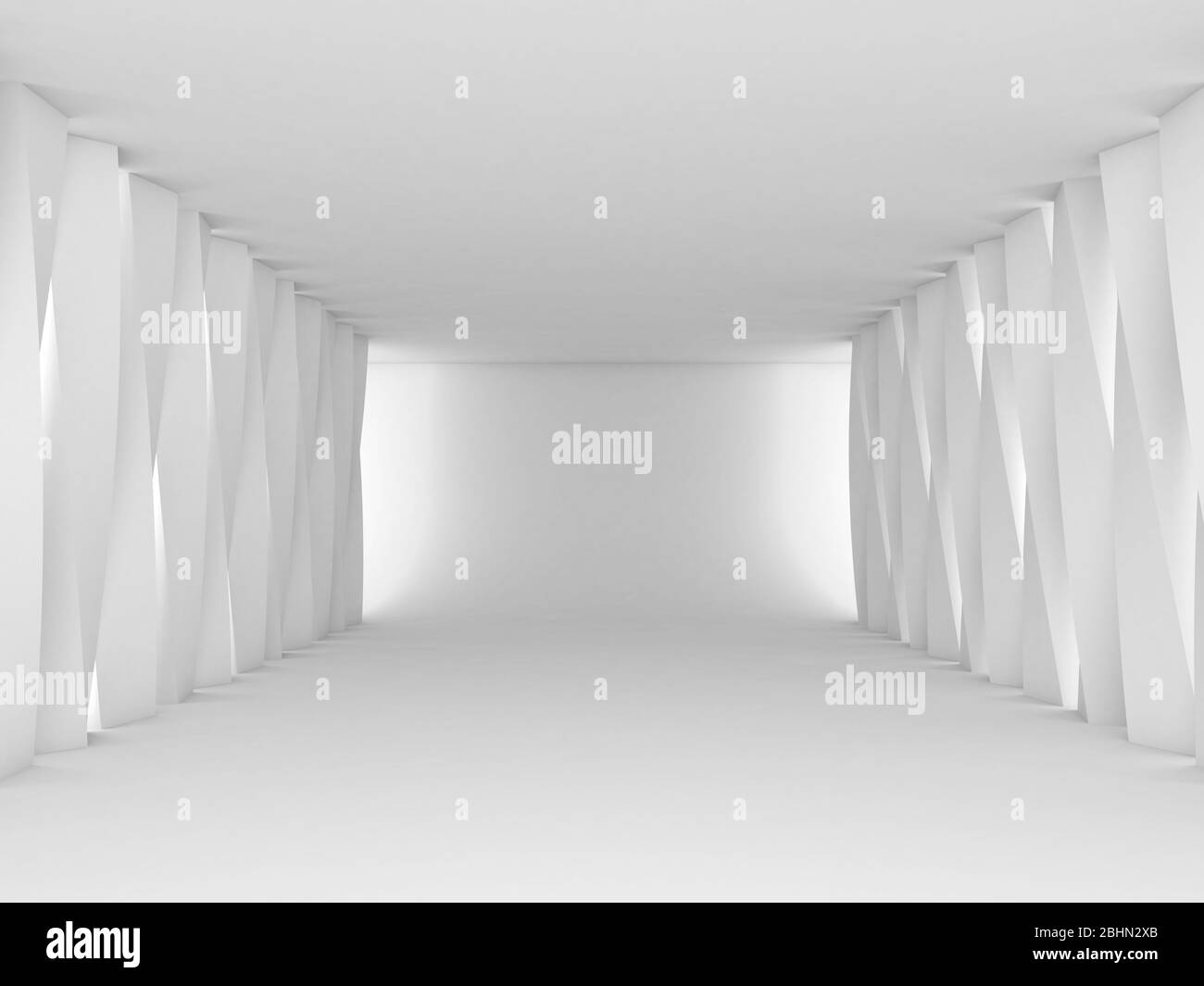 Abstract empty corridor perspective with twisted columns, blank white ...