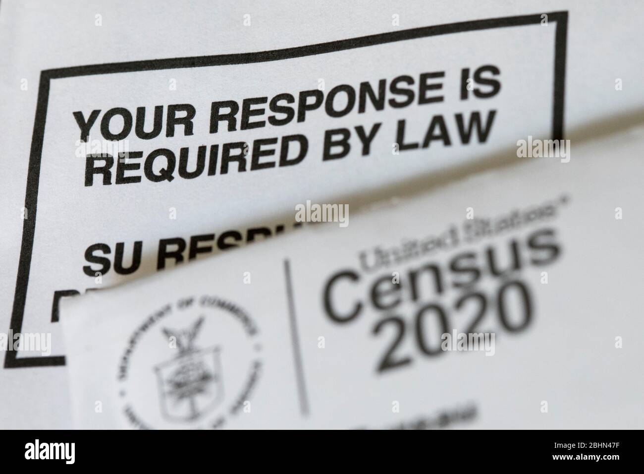 A photograph of the United States 2020 Census questionnaire and other Census documents. Stock Photo