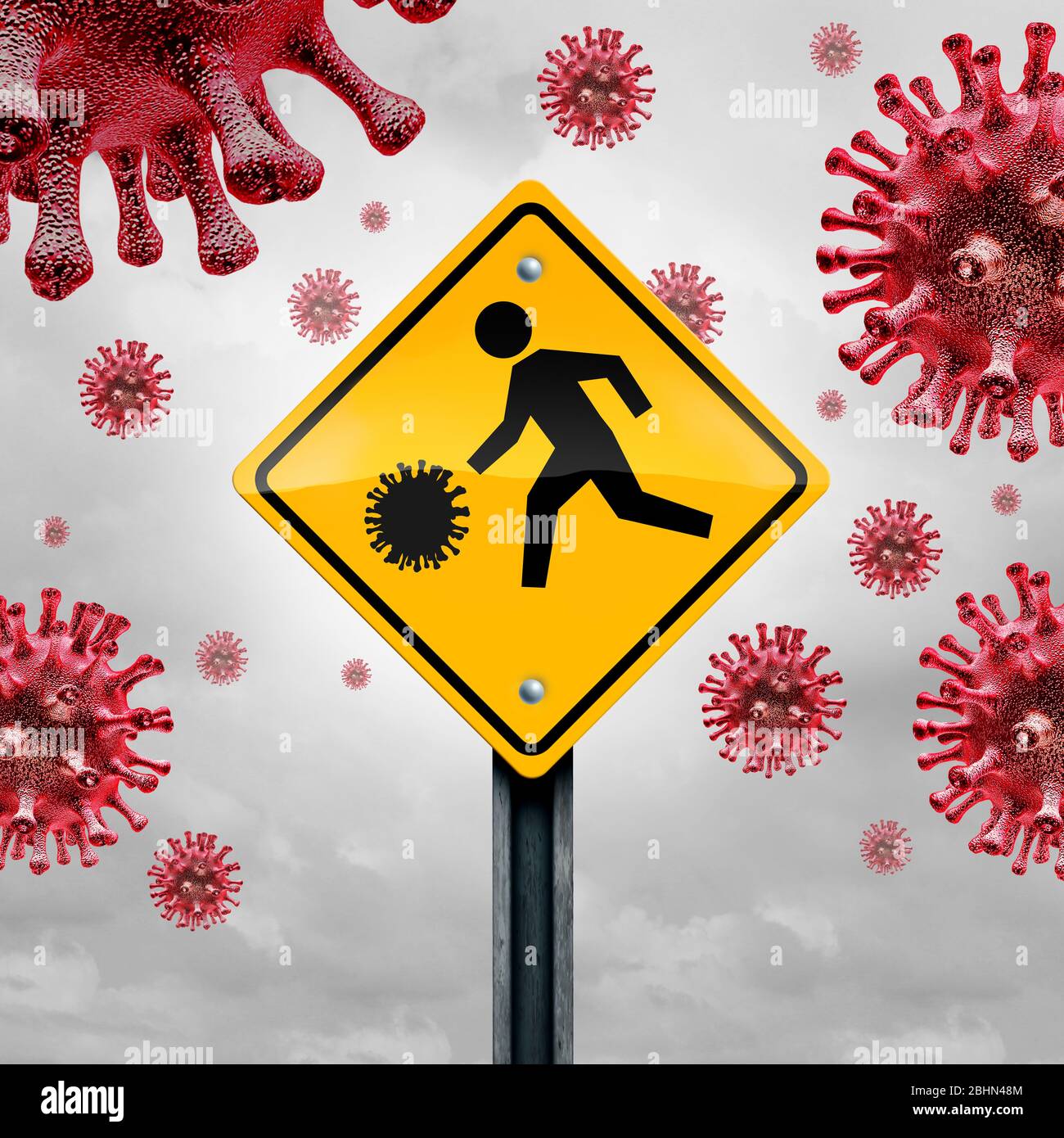School and disease concept as a student traffic sign with a virus cell as a warning for  flu or coronavirus and Covid-19 outbreak in schools. Stock Photo