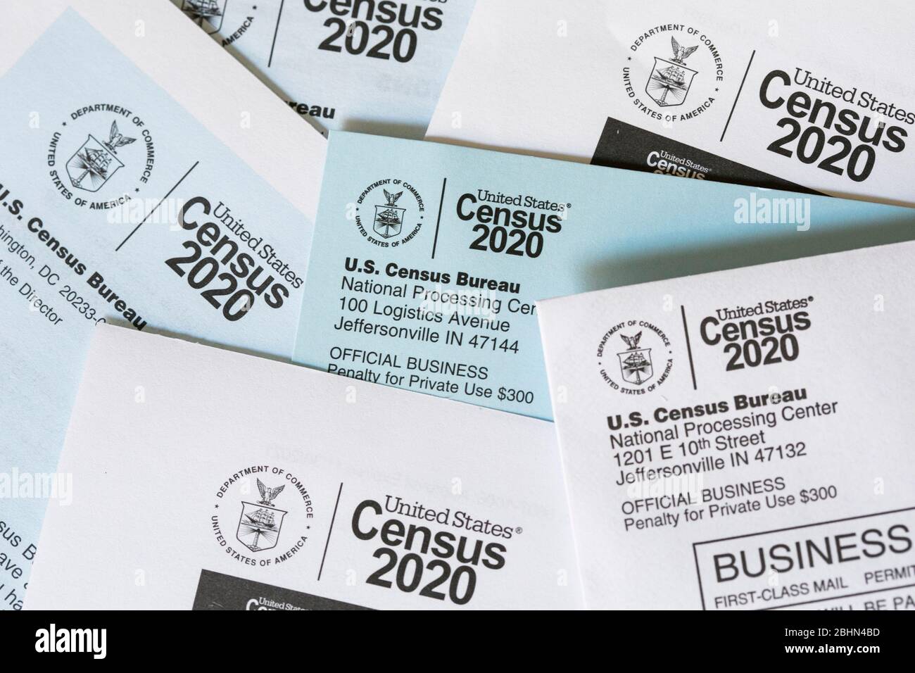 A photograph of the United States 2020 Census questionnaire and other Census documents. Stock Photo