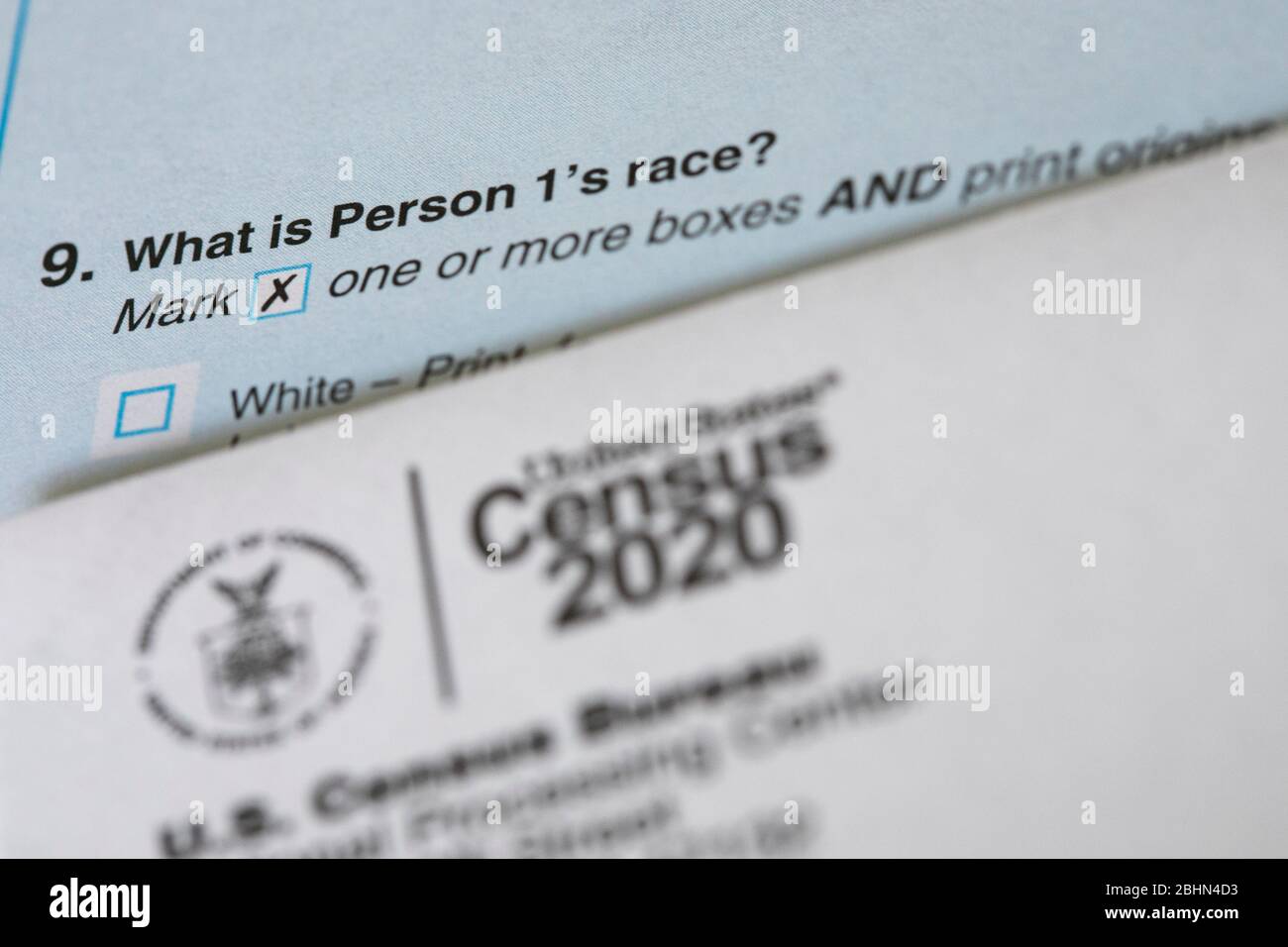 A photograph of the United States 2020 Census questionnaire question about race. Stock Photo