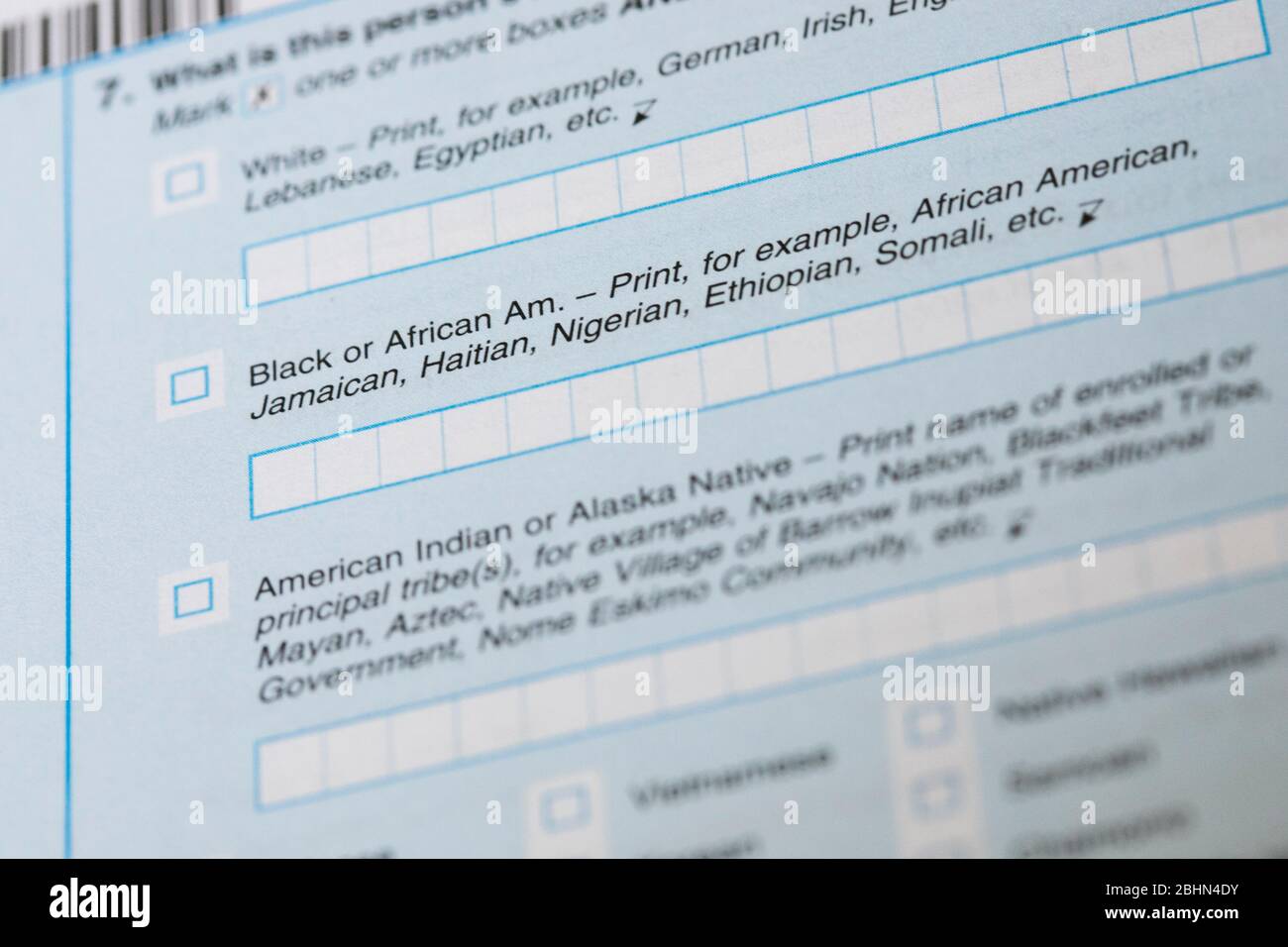 A photograph of the United States 2020 Census questionnaire question about Black and African American origin. Stock Photo