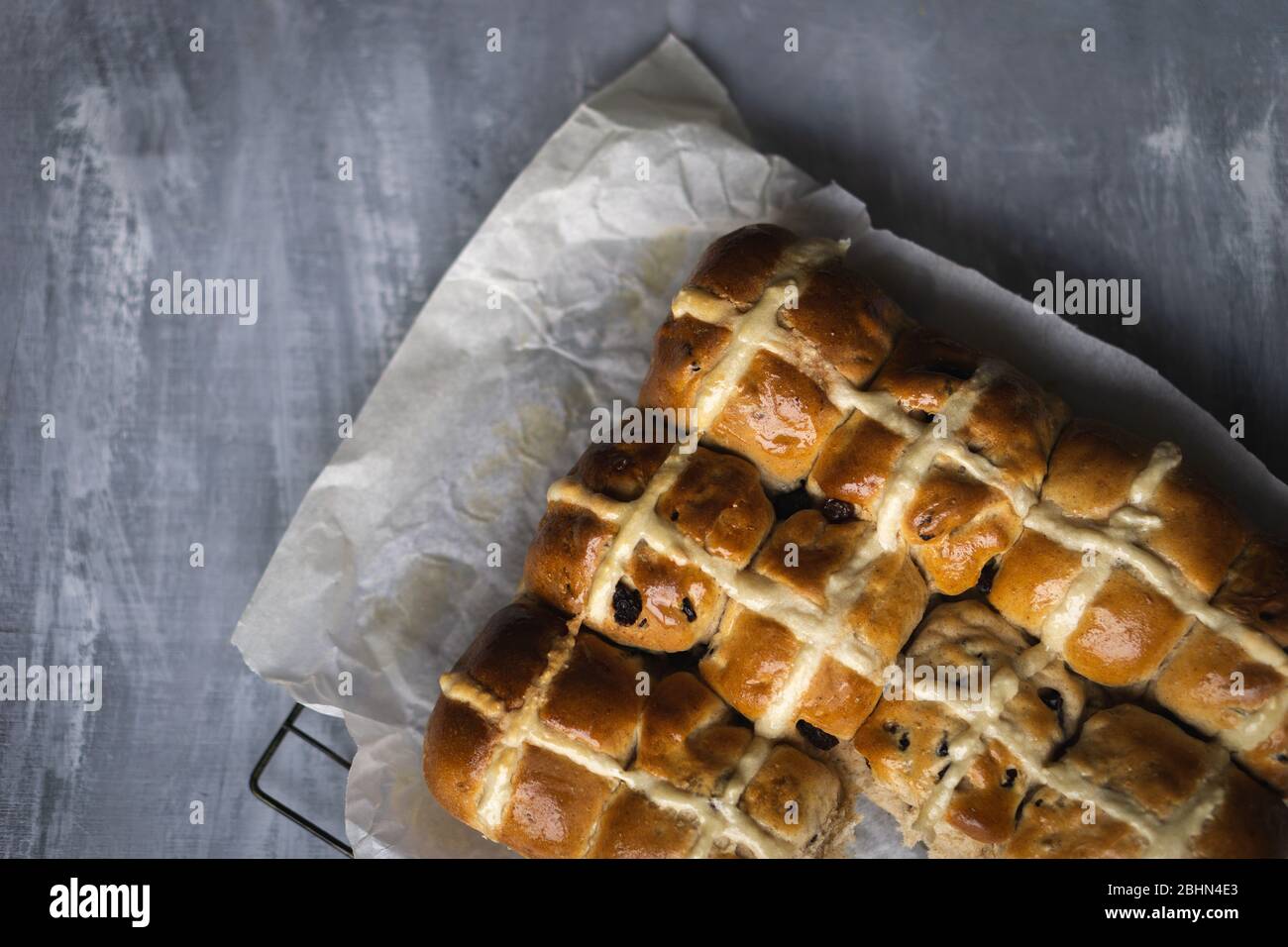 Home made hot cross buns for Easter. Stock Photo