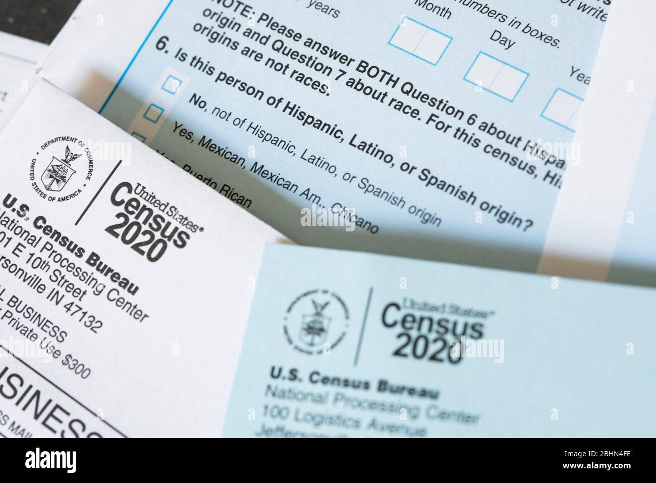 A photograph of the United States 2020 Census questionnaire question about Hispanic, Latino, or Spanish origin. Stock Photo