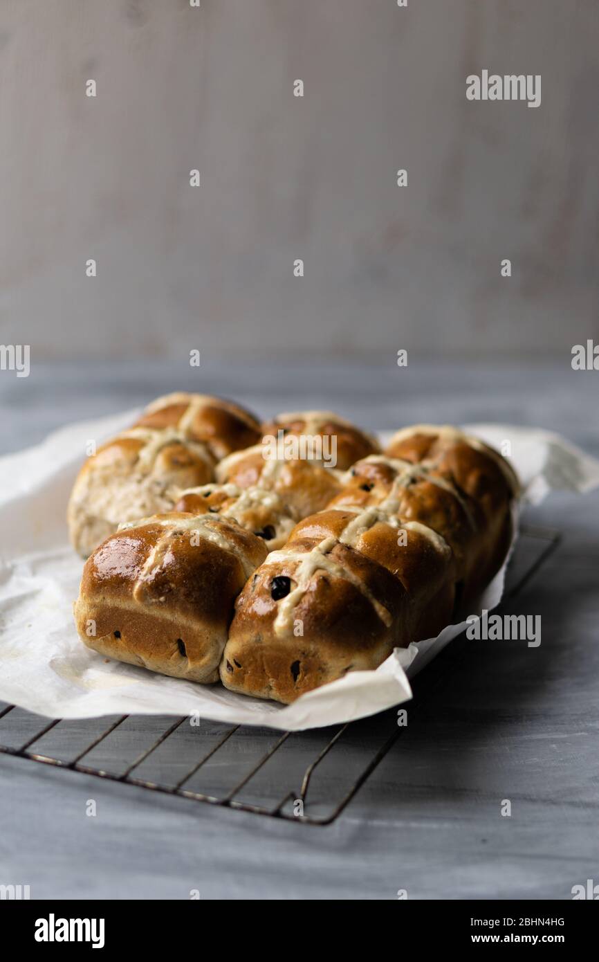 Home made hot cross buns for Easter. Stock Photo