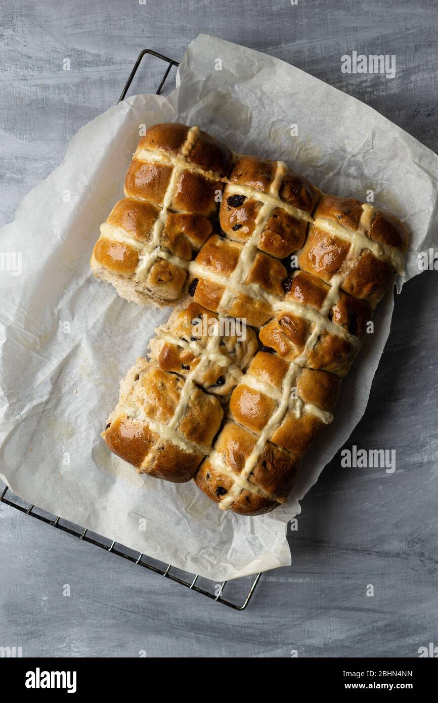 Home made hot cross buns for Easter. Stock Photo