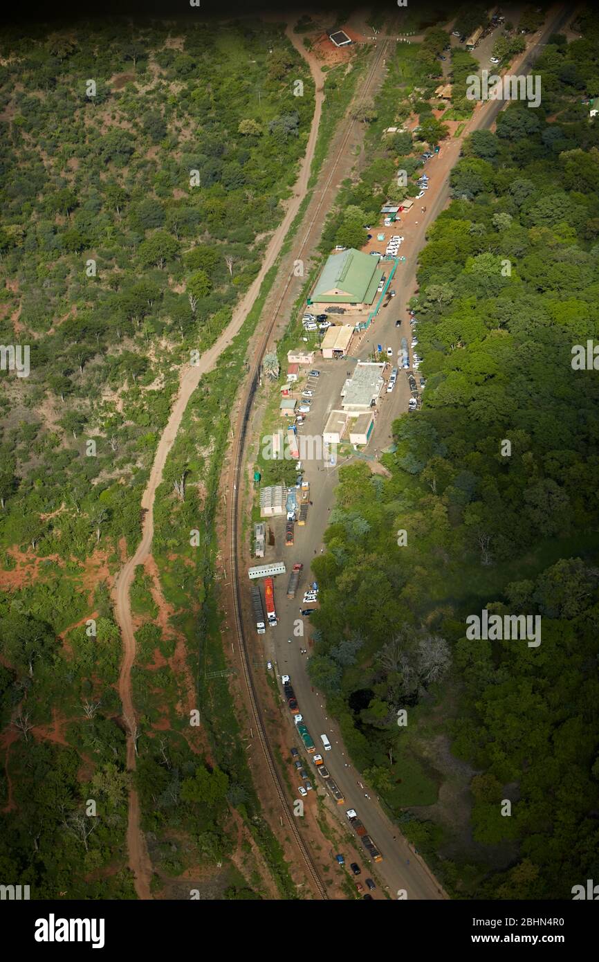 Border post, Victoria Falls, Zimbabwe, Africa - aerial Stock Photo