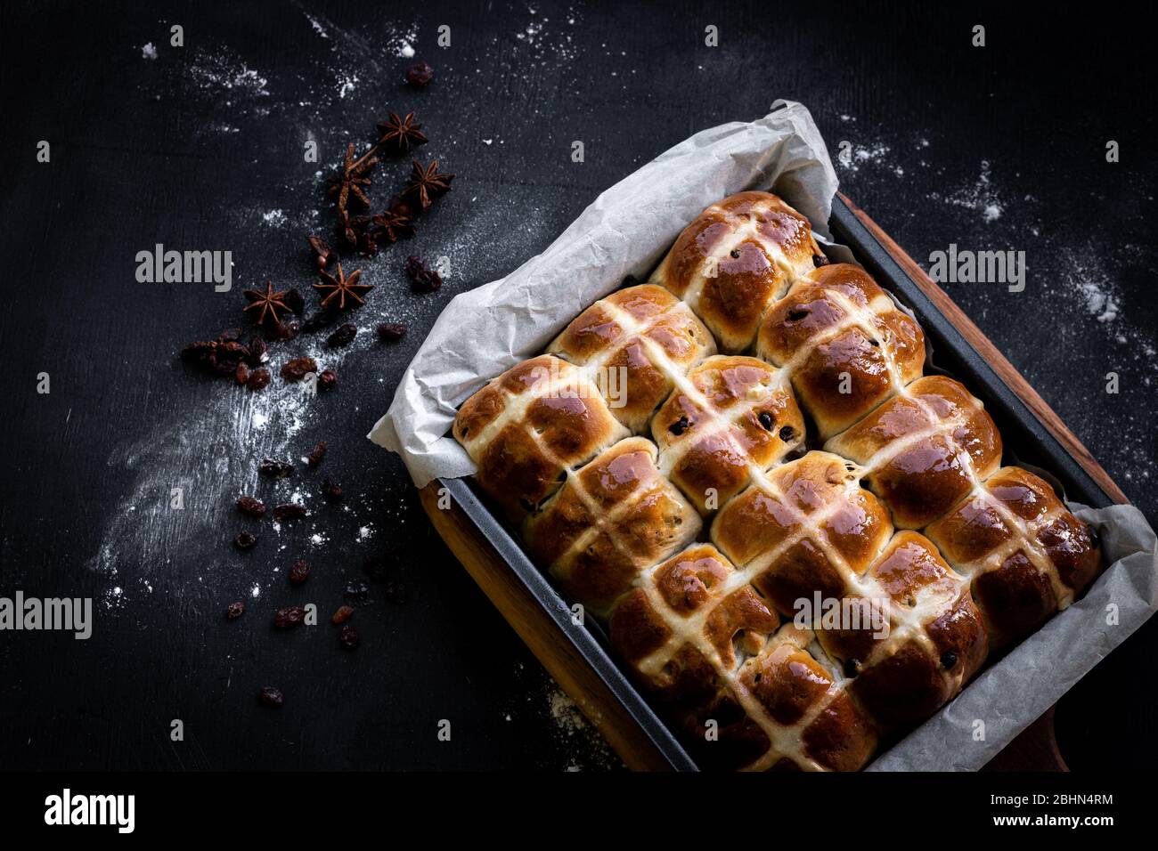 Home made hot cross buns for Easter. Stock Photo