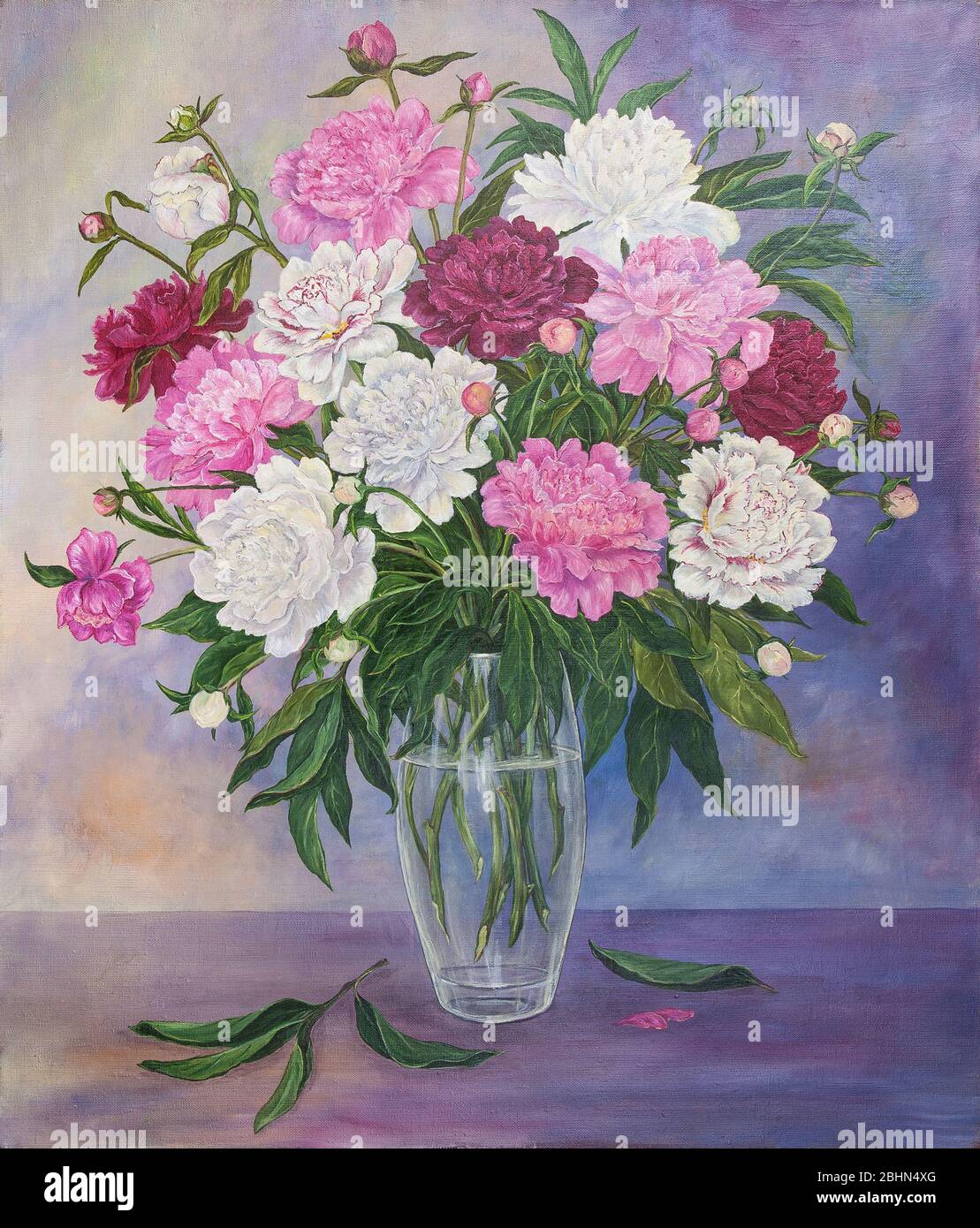 Still life with beautiful pink and white peonies in glass vase. Original oil painting. Stock Photo