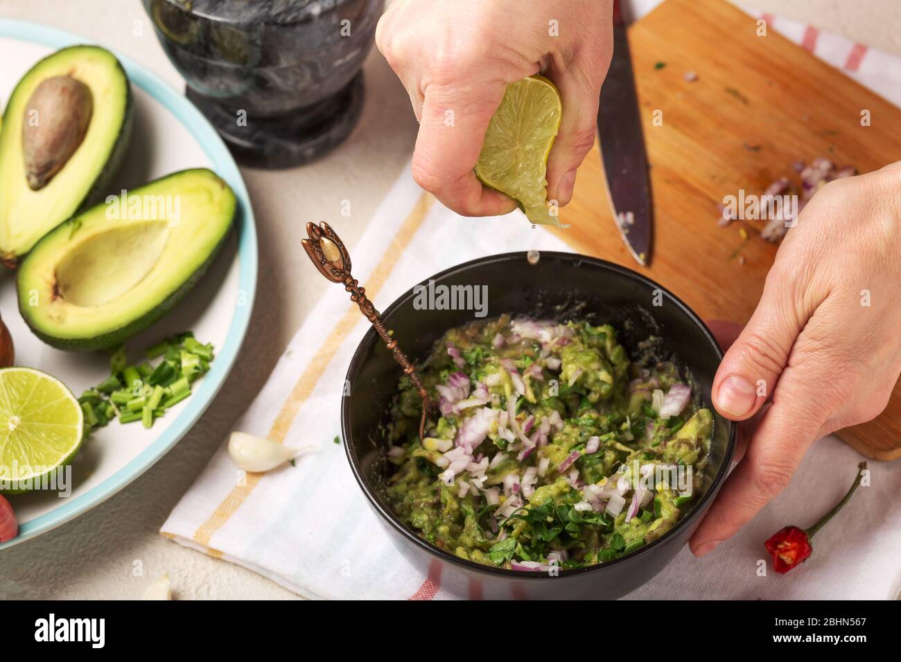 recipe, guacamole salsa verde, salsa chips, cheesy sauces, creamy avocado dip, sauce ingredients, tortilla chips Stock Photo