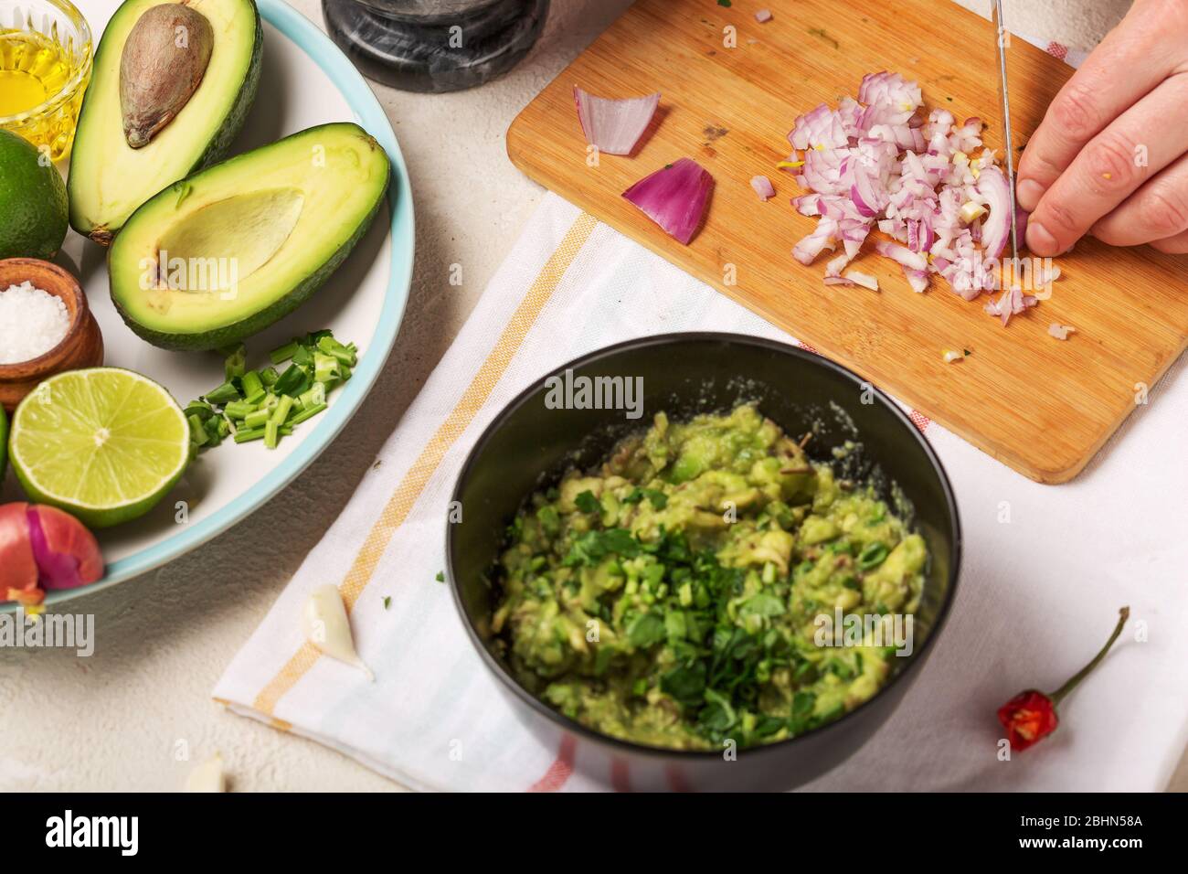 recipe, guacamole salsa verde, salsa chips, cheesy sauces, creamy avocado dip, sauce ingredients, tortilla chips Stock Photo