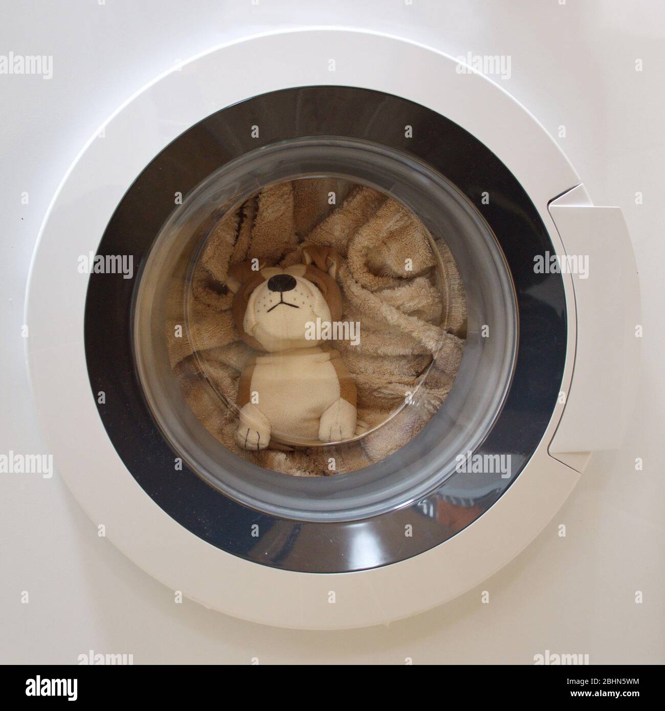 Stuffed toy and clothes in washing machine drum Stock Photo Alamy