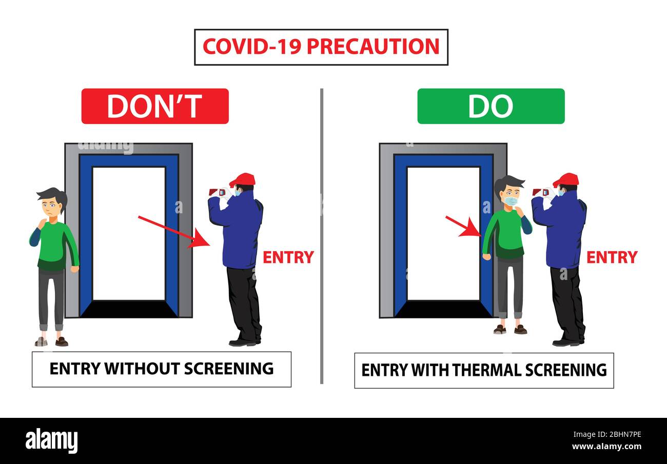 Do and don't poster for covid 19 corona virus. Safety instruction for office employees and staff. Employees should do thermal screening at security ga Stock Vector