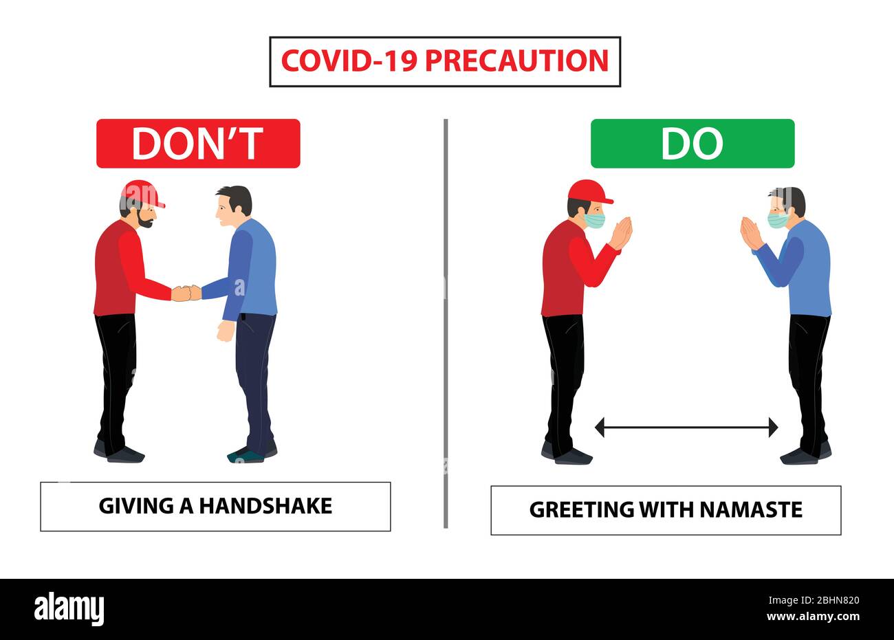 Do and don't poster for covid 19 corona virus. Safety instruction for office employees and staff. Vector illustration of namaste replacing handshake f Stock Vector