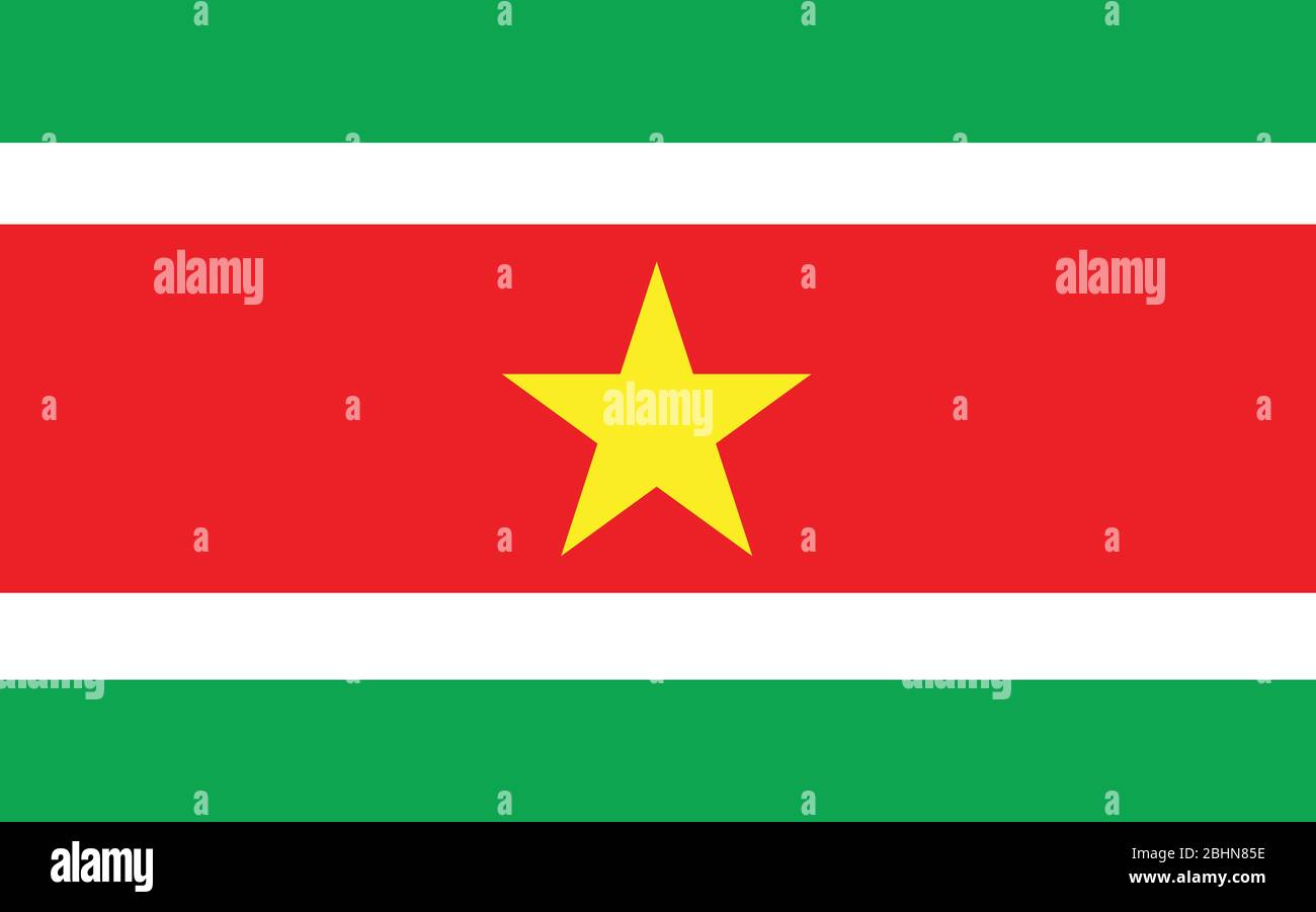 Suriname flag vector graphic. Rectangle Surinamese flag illustration. Suriname country flag is a symbol of freedom, patriotism and independence. Stock Vector