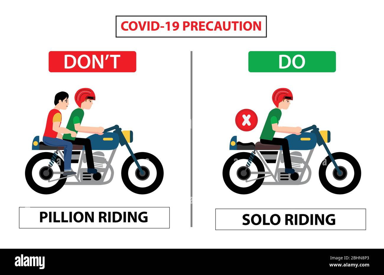 Do and don't poster for covid 19 corona virus. Safety instruction for office employees and staff. Vector illustration of bike driving with pillion rid Stock Vector