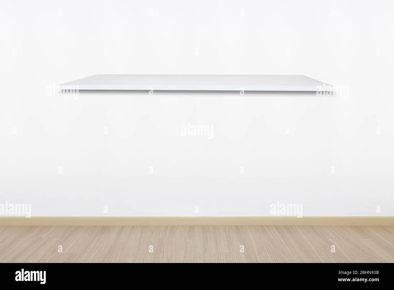 white wooden shelf wall for product display with in room Stock Photo