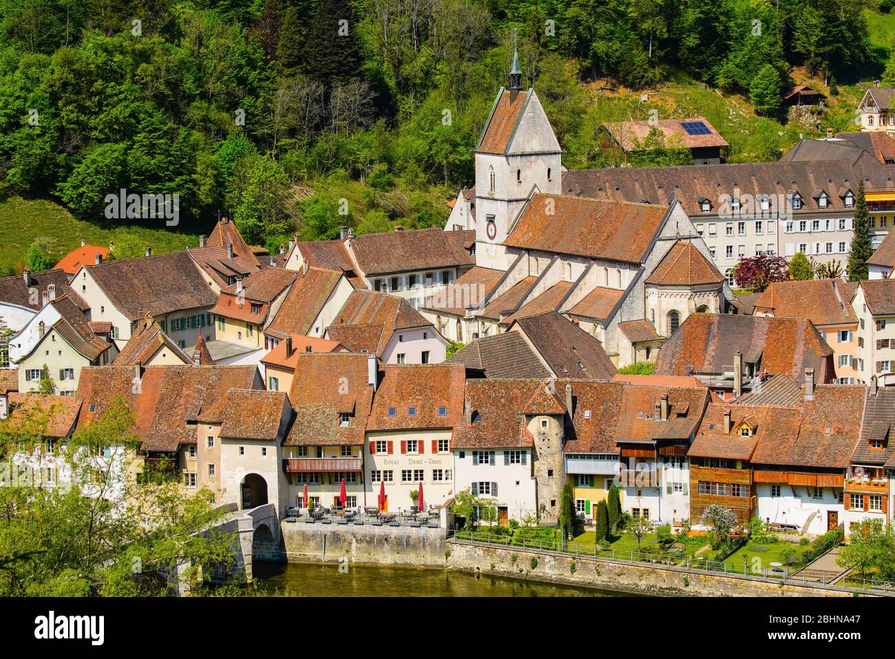 Elevated view of charming small town Saint Ursanne with medieval