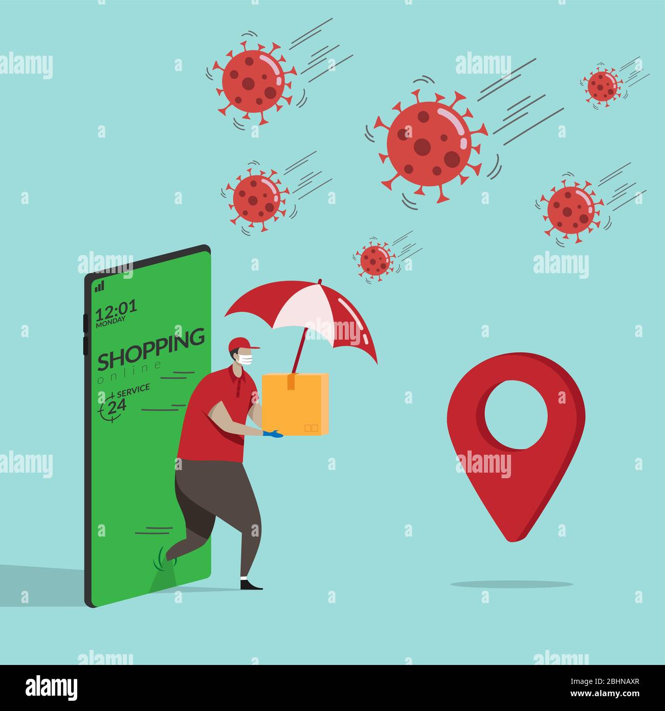 delivery man in red shirt holding goods order in package parcel walk from mobile smartphone with umbrella to protect from coronavirus pathogens. order Stock Vector