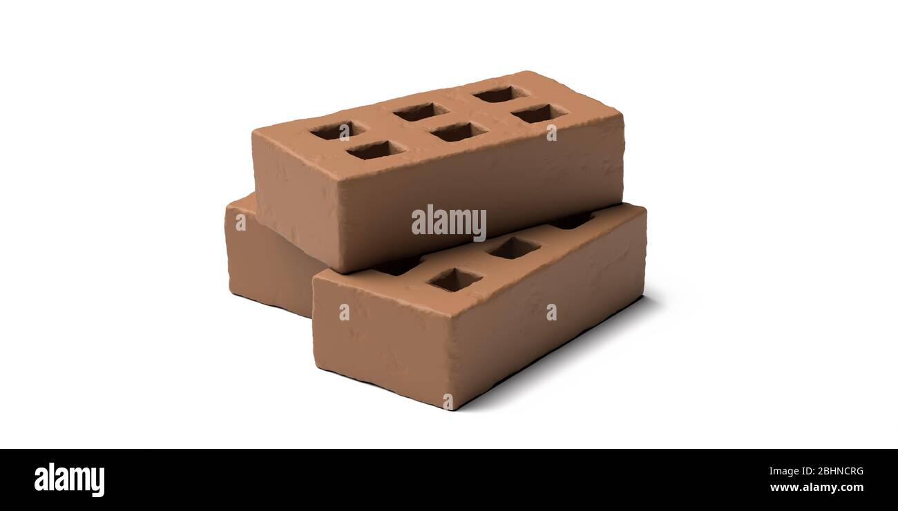 Three brown bricks with holes isolated on white background. Construction of brickwork masonry concept. 3d illustration Stock Photo