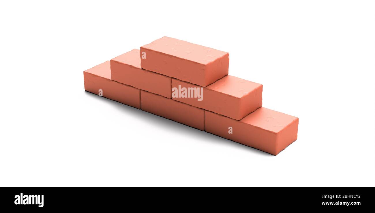 Brickwall construction. Part of brickwork with new industrial bricks isolated on white background. 3d illustration Stock Photo