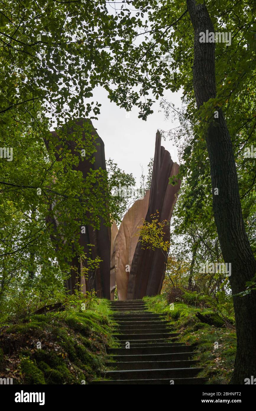 'View', 2001, (Cor-ten steel), by R.W. Van de Wint, Kröller-Müller Sculpture Garden, De Hoge Veluwe National Park, Gelderland, Netherlands Stock Photo